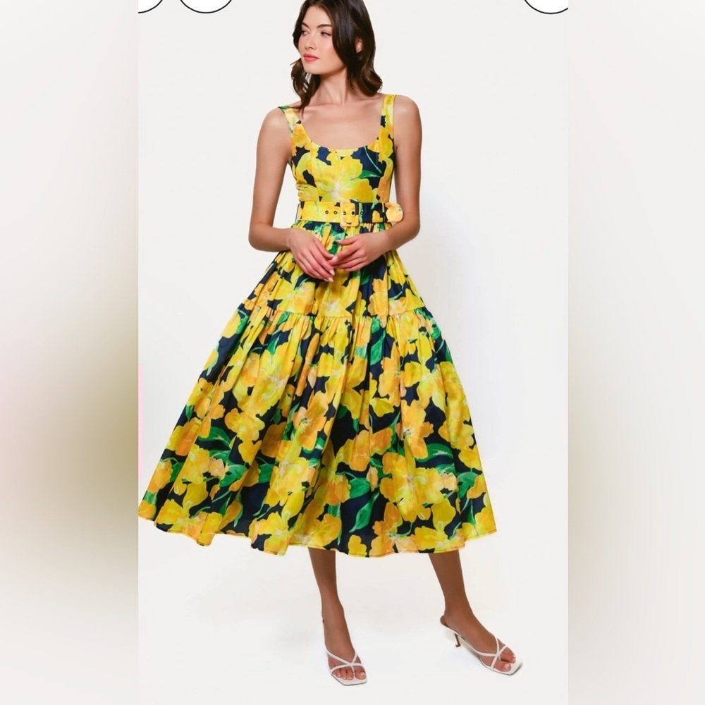 Hutch Anthropologie Alice Yellow Floral Midi Fit & Flare Cocktail Dress Womens 4 - Picture 4 of 12